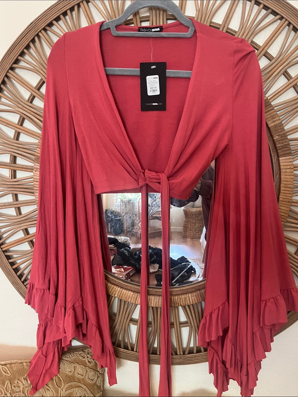 Fashion Nova Rust Tie-Front Bell Sleeve Crop Top xs